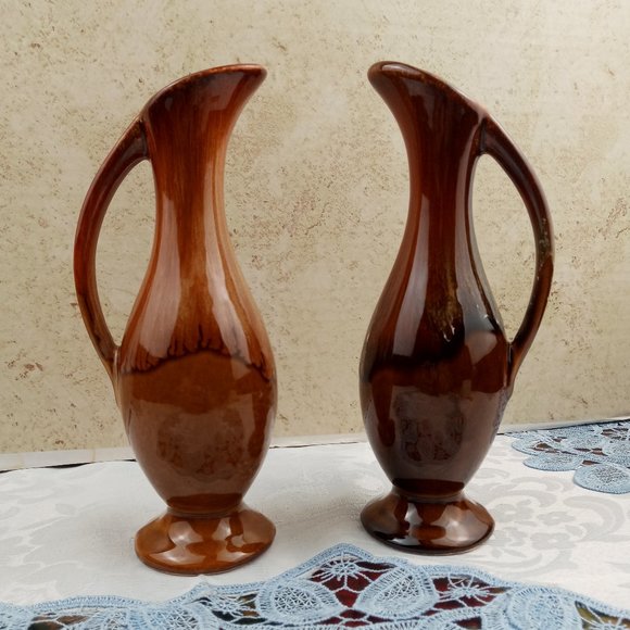 Dryden Pottery Handmade Brown Drip Glazed Ewer Pitcher Pair 7-1/2" - Picture 1 of 8